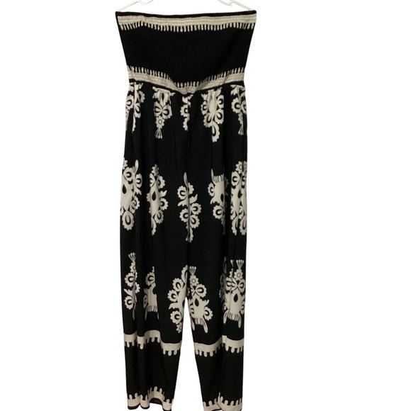 PrettyGarden Strapless Black‎ White Wide Leg Jumpsuit Women's Size L Boho Romper - Picture 2 of 8